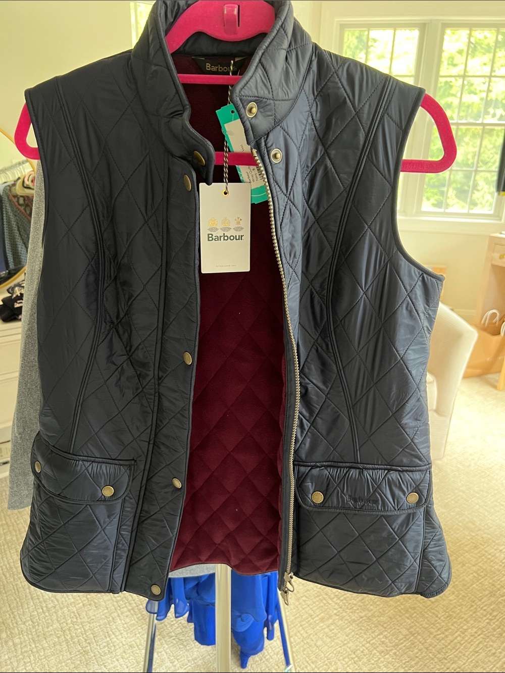 Barbour Quilted Navy Vest with Burgundy Lining